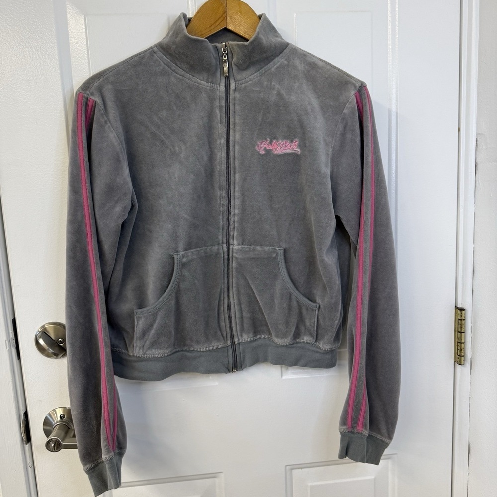 Hale Bob Y2K Hooded Full Zip Grey Pink Track Jacket Embroidered Chest Size Med